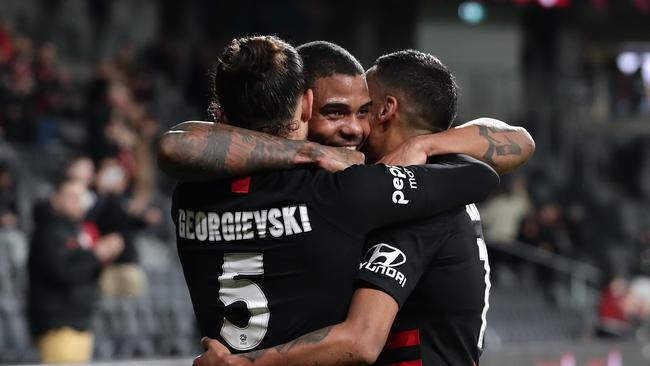 SYDNEY, AUSTRALIA - JULY 31: Kwame Yeboah of the Wanderers celebrates after scoring a goal during the round 29 A-League match between the Western Sydney Wanderers and the Wellington Phoenix at Bankwest Stadium on July 31, 2020 in Sydney, Australia. (Photo by Mark Metcalfe/Getty Images)