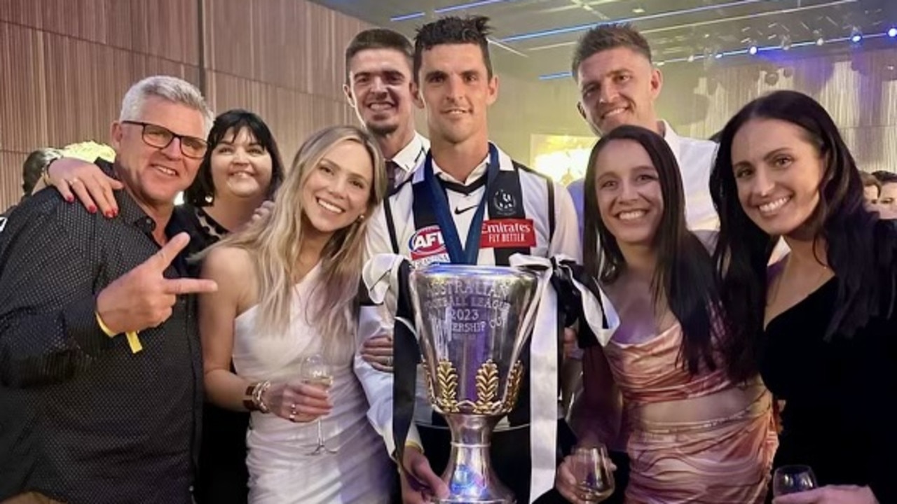 September 2023. AFL. Collingwood great Scott Pendlebury with family (including his parents Bruce & Liza and wife Alex) & friends after winning the 2023 grand final against the Brisbane Lions., Pictures: Supplied