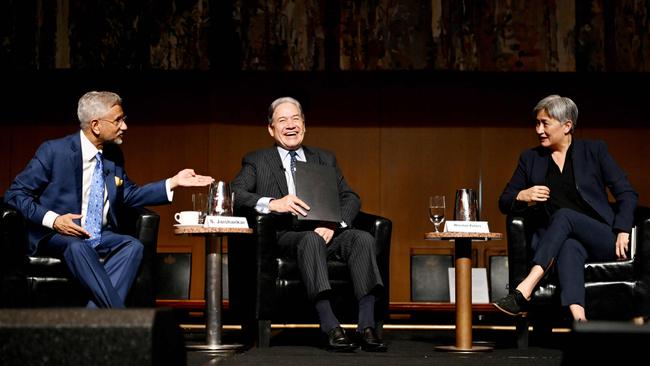 Indian Foreign Minister Subrahmanyam Jaishankar (L) gestures to New Zealand's deputy Prime Minister Winston Peters (C) and Foreign Minister Penny Wong in Canberra. Picture: AFP.