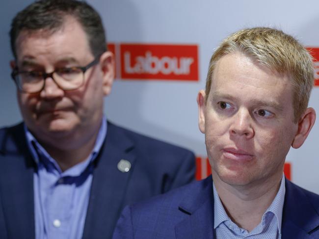 WELLINGTON, NEW ZEALAND - MAY 27: Prime Minister Chris Hipkins (R) and Minister Grant Robertson look on during Labour Party Congress at Te Papa on May 27, 2023 in Wellington, New Zealand. Labour held its annual conference in Wellington ahead of a busy campaigning season, with national elections due later this year. (Photo by Hagen Hopkins/Getty Images)