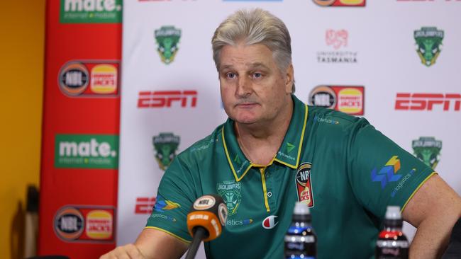 PERTH, AUSTRALIA – MARCH 08: Scott Roth, head coach of the JackJumpers speaks at a press conference after game one of the NBL semi-final series between Perth Wildcats and Tasmania JackJumpers at RAC Arena, on March 08, 2024, in Perth, Australia. (Photo by Will Russell/Getty Images)