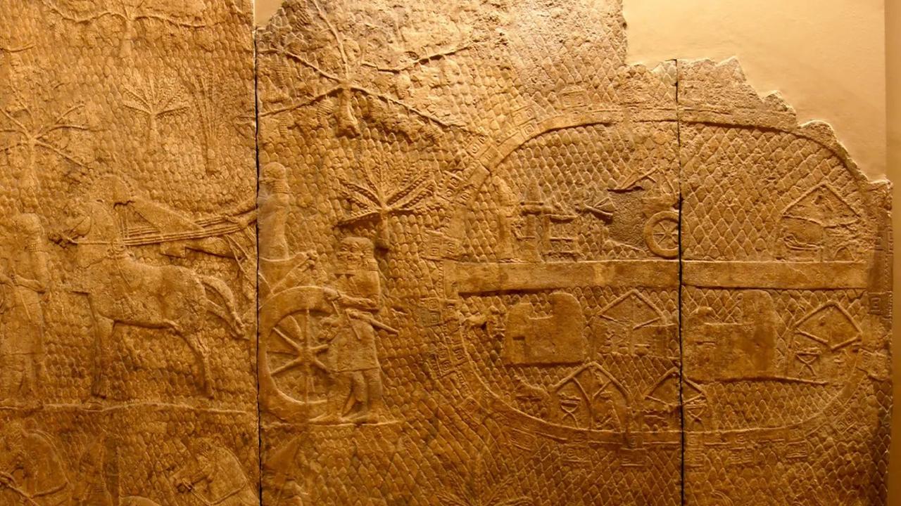 Stone panels from Assyrian Emperor Sennacherib’s palace show his military camp. Picture: Steve Compton