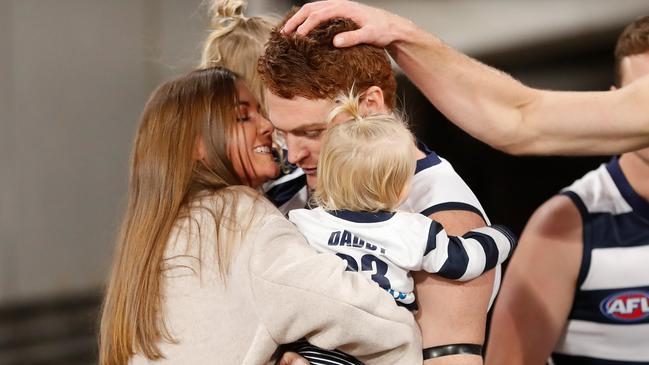 Gary Rohan and his partner Madi Bennett went public at the Cats star’s 150th match last month. Picture: Michael Willson/AFL Photos