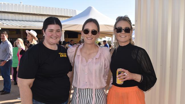Sophie, Lilian and Emily at the Roma Rugby Races at Bassett Park on Saturday June 24, 2023. Picture: Chloe Cufflin.