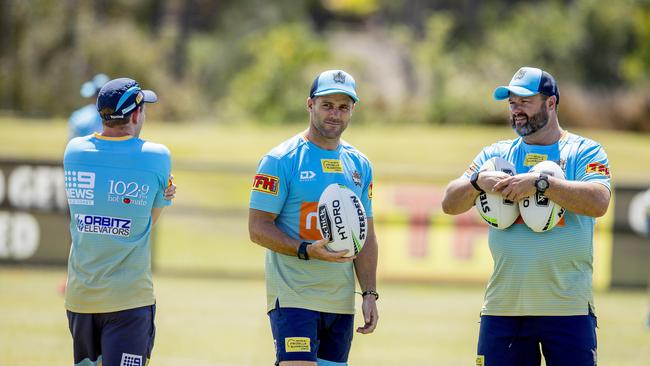 The Gold Coast Titans Michael Gordon and assistant coach Jim Lenihan at pre-season training, Parkwood. Picture: Jerad Williams