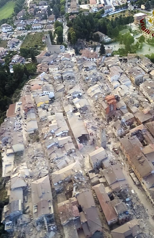 This aerial view shows the damage in the town of Amatrice, central Italy. Picture: Italian Firefighters Vigili del Fuoco.