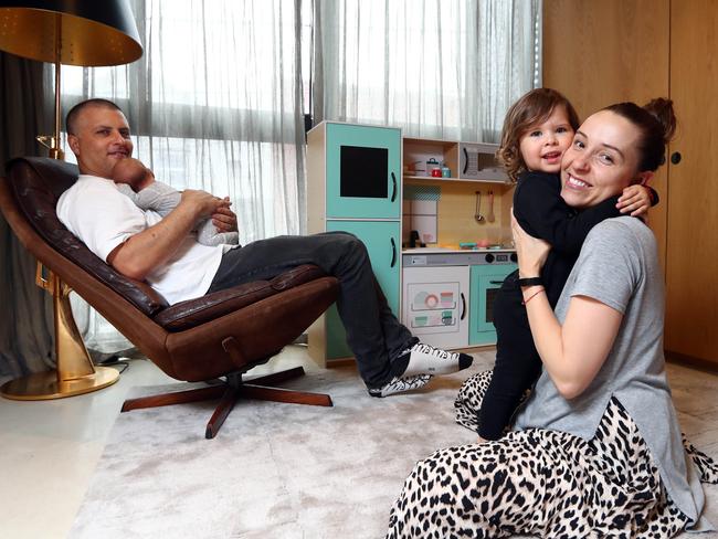 20/01/20 Jesse Linardi with his wife Seada and their kids Savanah (2) and Skylah (1 month) in their Collingwood townhouse. Aaron Francis/The Australian