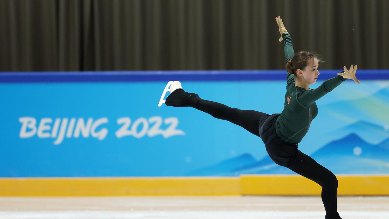 BEIJING, CHINA - FEBRUARY 12: Kamila Valieva of Team ROC skates during a figure skating training session on day eight of the Beijing 2022 Winter Olympic Games at Capital Indoor Stadium practice rink on February 12, 2022 in Beijing, China. (Photo by Matthew Stockman/Getty Images)