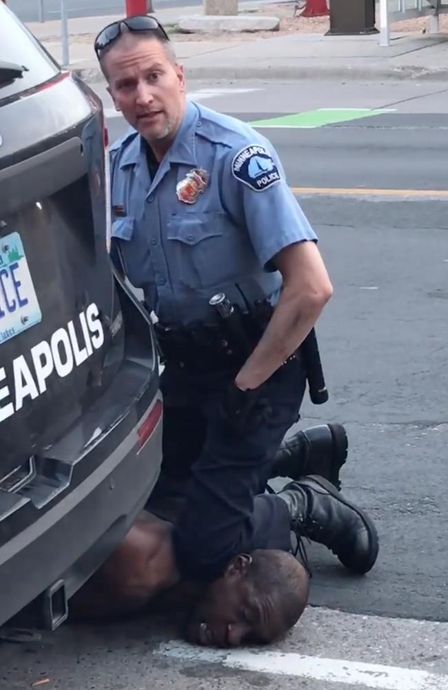 The shocking image of George Floyd with cop Derek Chauvin’s knee in his neck. Picture: AFP