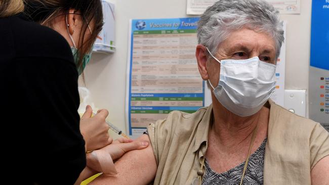 Anne Hyslop receives an AstraZeneca vaccine in Melbourne on Wednesday. Picture: AFP