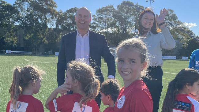 Treasurer Josh Frydenberg and Parramatta Liberal candidate Maria Kovacic announce $3 million for women's change rooms and health facilities at Rydalmere Lions FC.