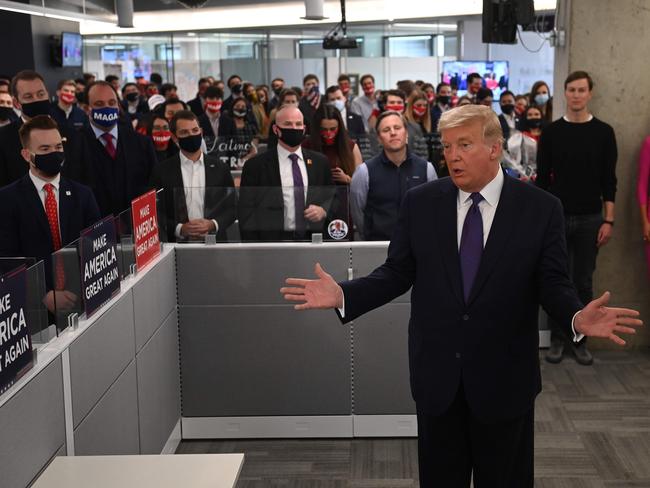 Trump addresses campaign workers on election day. Picture: AFP