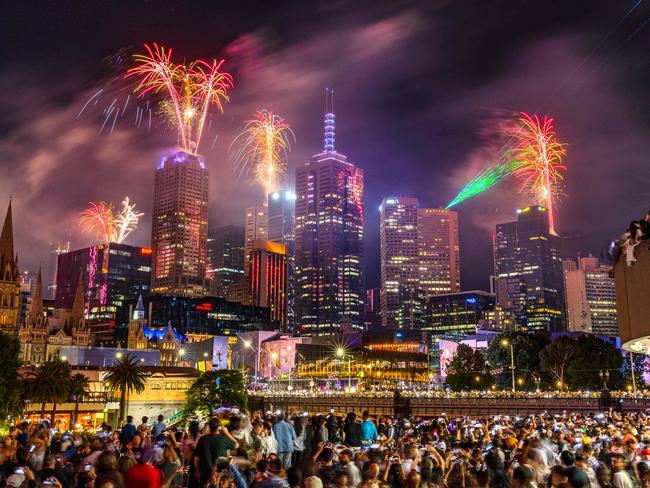 2025 New Years Eve fireworks From Southbank looking over the Melbourne CBD. Picture: Jason Edwards