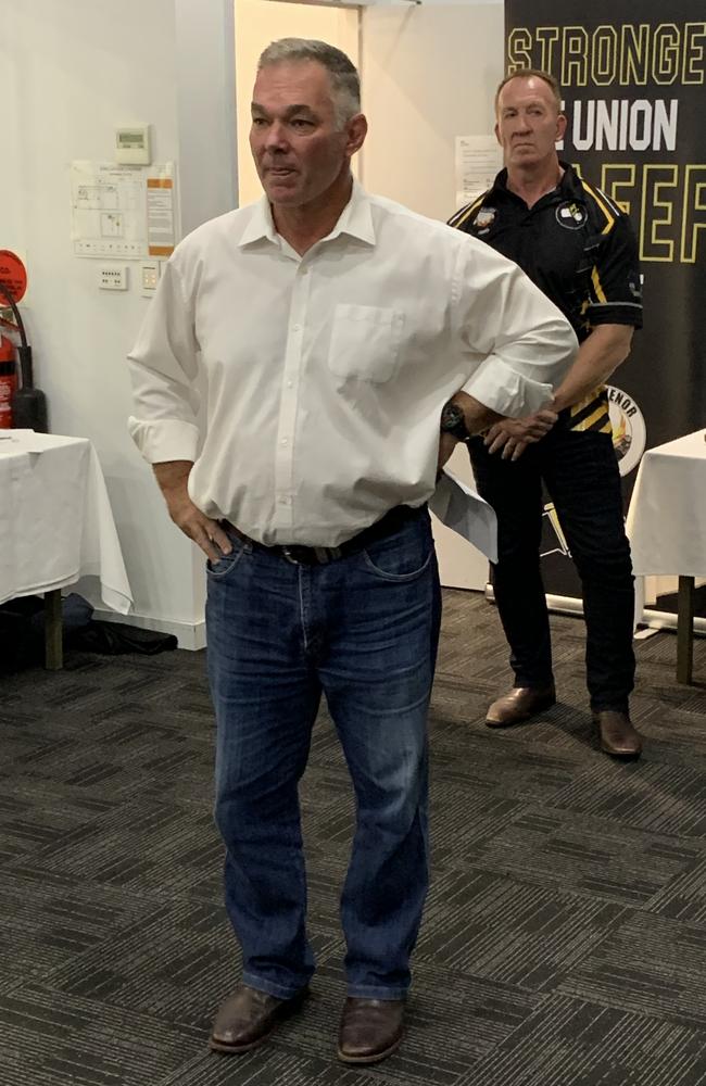 Resources Minister Scott Stewart talks to the miners at Civeo Camp in Moranbah on the two-year anniversary of the Grosvenor Mine explosion. Mr Stewart said it was important to call out unsafe behaviours. Grosvenor Lodge president Steven Hall stands behind him. Picture: Duncan Evans