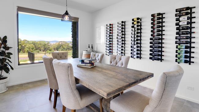 The dining room features a built-in wine rack.