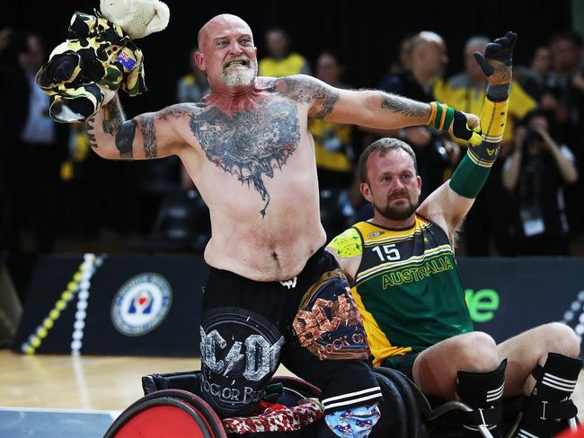 Australia's Davin Bretherton celebrates victory at the Wheelchair Rugby Gold Medal. Picture: Phil Hillyard