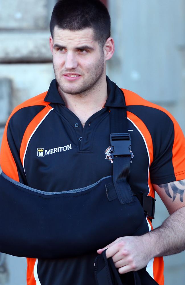 Ex Tigers player Simon Dwyer arrives at a Wests Tigers NRL training.