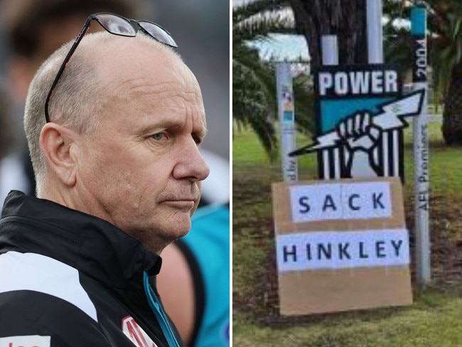 Pressure on the embattled Port Adelaide coach has hit boiling point, with makeshift signs seen outside the club ahead of Sunday’s crucial clash. 