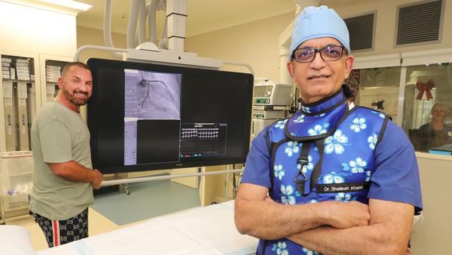 Billy Cross with Dr Shailesh Khatri, a 'wizard of oz' at unblocking arteries, at the Cath Lab at Pindara Private Hospital. Picture: Glenn Hampson.