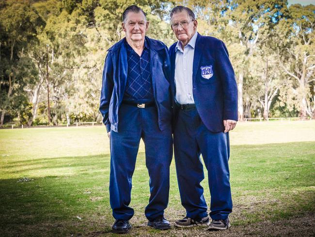 Twins Merv and Hartley Ey at Foxfield Oval, which had a lot of significance to them growing up. Picture: AAP/Roy VanDerVegt