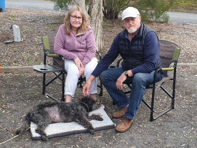 Geelong couple Denis and Katrina Leahy have been stuck in an Albury caravan park for nearly a month after the health department rejected their border crossing application three times. (Picture: Supplied)