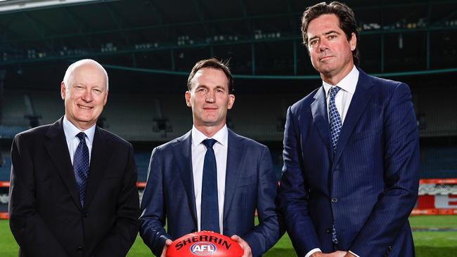 Richard Goyder, Andrew Dillon and Gillon McLachlan. Picture: Dylan Burns/AFL Photos via Getty Images.