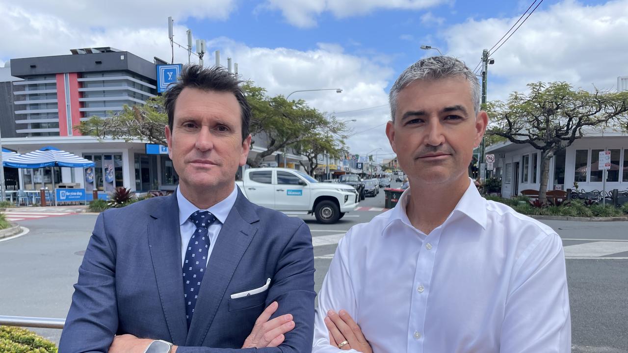 LNP police spokesman Dan Purdie (left) and Burleigh state candidate Hermann Vorster announce $4.1 million community safety package for Burleigh.