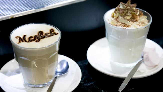 Mazbah Cafe’ white chocolate mocha, left, white hot chocolate with marshmallows and whipped cream. Picture: EDDIE SAFARIK