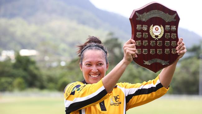 Norths Cricket Club women's captain Paula Fabila holds the trophy after her team won the 2020-21 Cricket Far North Ladies grand final match, held at Walker Road Sporting Precinct, Edmonton. Picture: Brendan Radke