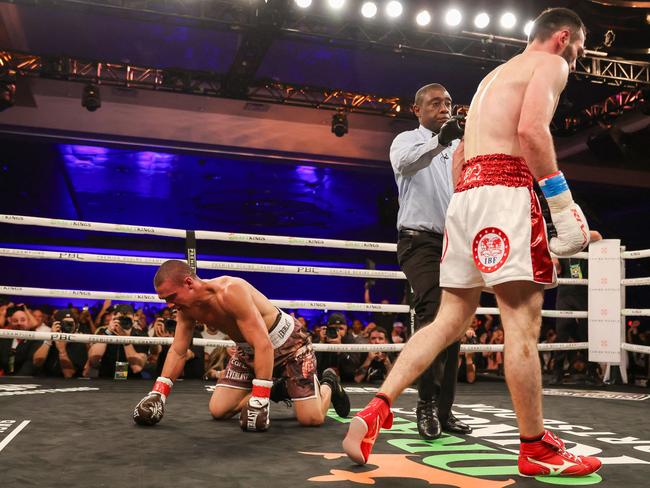 Bakhram Murtazaliev walks to the corner after knocking down Tim Tszyu. Picture: Alex Menendez / GETTY IMAGES NORTH AMERICA / Getty Images via AFP