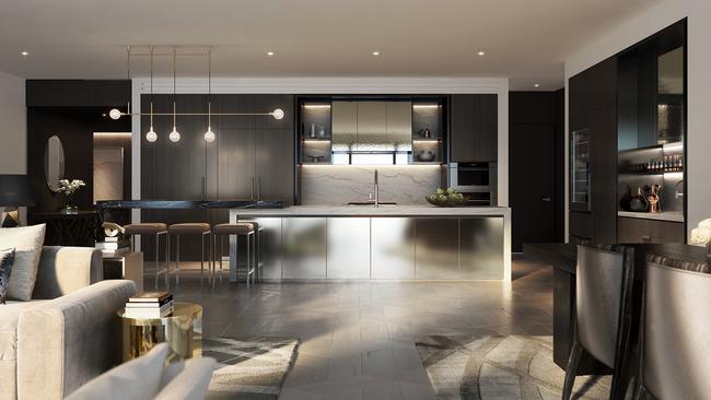 Renders of the lounge and kitchen in the development at Barangaroo South. Picture: Supplied.