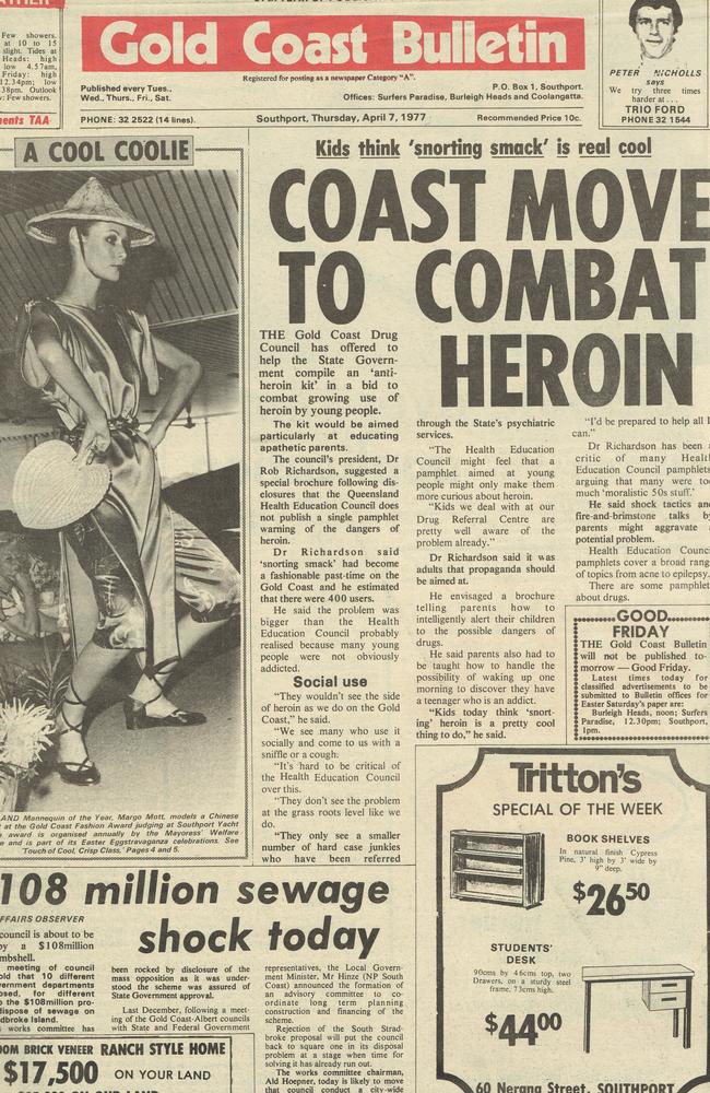 Gold Coast Bulletin 1977, April 7. Front page.