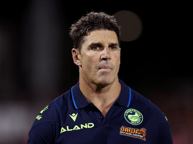 PENRITH, AUSTRALIA - MARCH 15: Trent Barrett assistant coach of the Eels looks on during the round two NRL match between Penrith Panthers and Parramatta Eels at BlueBet Stadium, on March 15, 2024, in Penrith, Australia. (Photo by Jason McCawley/Getty Images)