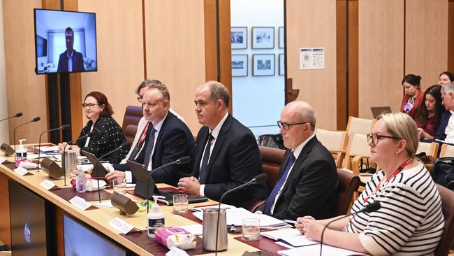 SBS managing director James Taylor and ABC boss David Anderson appear before a public hearing at Parliament House in Canberra. Picture: Martin Ollman/NCA NewsWire