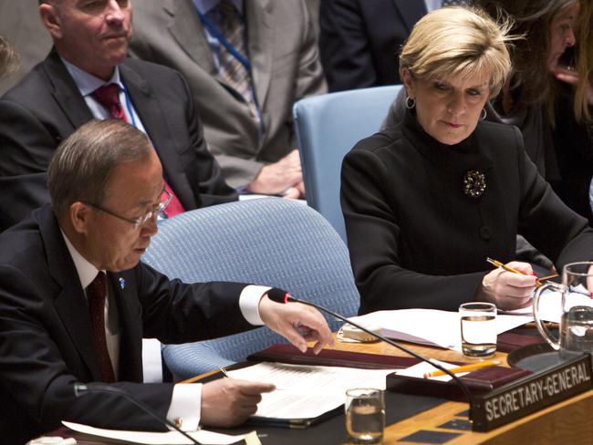 Australian Minister for Foreign Affairs Hon. Julie Bishop, right, listens as U.N. Secretary General Ban Ki-moon speaks during a meeting of the U.N. Security Council on terrorism, Wednesday, Nov. 19, 2014. (AP Photo/Bebeto Matthews)