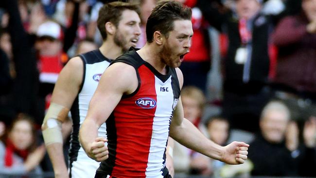 St Kilda's Jack Steven celebrates a goal in the fourth quarter. Picture: George Salpigtidis