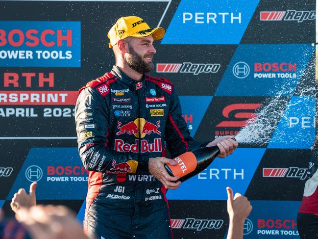 Shane van Gisbergen celebrates on the podium in Perth. Picture: Daniel Kalisz/Getty