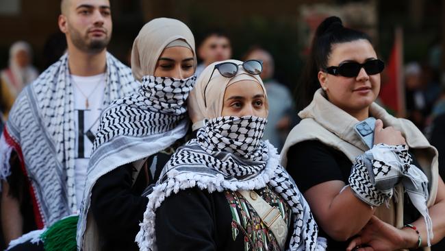 Pro-Palestine supporters rallying at Sydney Town Hall as the conflict between Israel and Palestinians escalates. Picture: David Swift