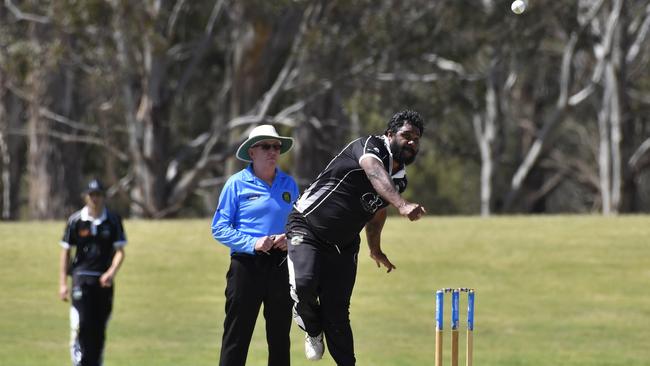 Kieren Gibbs bowls for George Banks Umbrellas against Liebke Lions in Darling Downs Bush Bash League (DDBBL) round five T20 cricket at Highfields Sports Park. Picture: Kevin Farmer