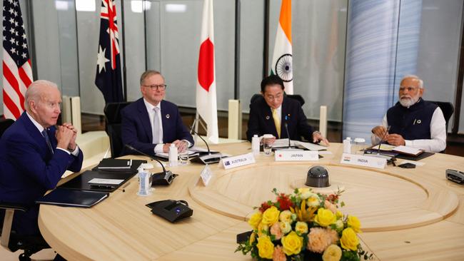 Prime Minister Anthony Albanese (second from left) held talks with US President Joe Biden, Japan's PM Fumio Kishida and Indian leader Prime Minister Narendra Modi in Hiroshima. Pictures: AFP