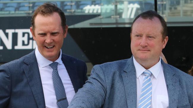 Michael (left) Wayne (right) and John Hawkes prepare Broken Hill who will be improved by his debut run. Picture: Grant Guy