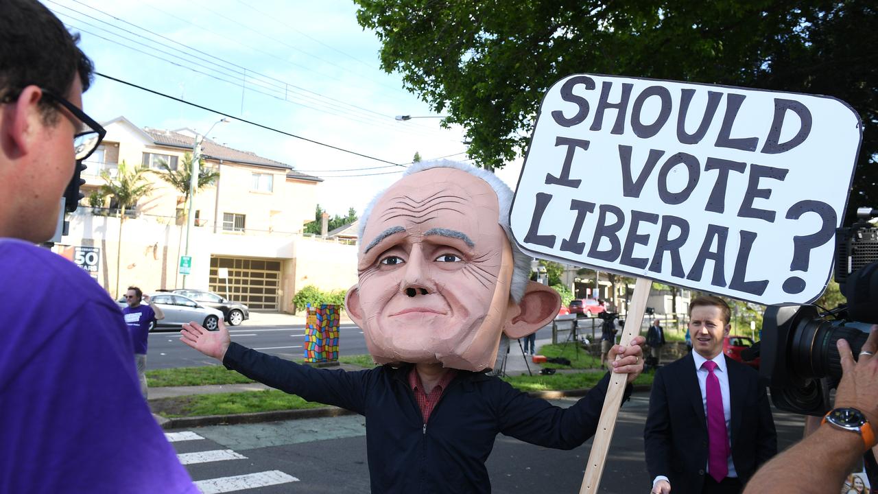 A protester dressed as former prime minister Malcolm Turnbull at a polling place for the Wentworth by-election. Picture: Dan Himbrechts/AAP