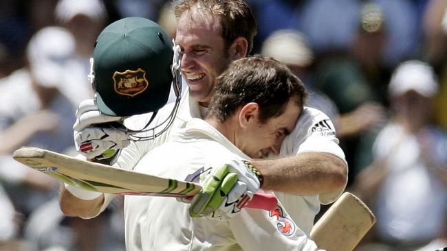 Justin Langer and Matthew Hayden shared the love … and contempt for English attacks. Picture: Mark Baker, AP.