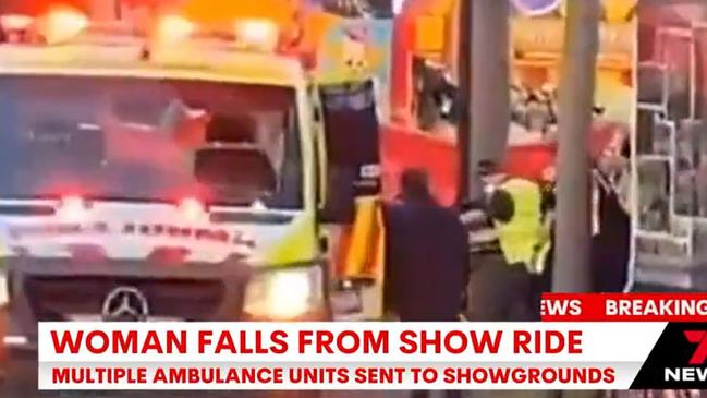 A young woman has suffered serious facial injuries on a ride at the Melbourne Royal Show., Paramedics are on scene treating the woman and the area has been cordoned off. Picture: Seven News