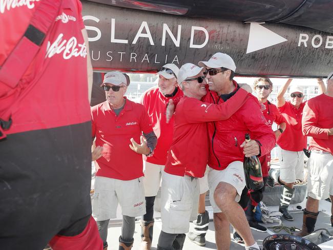 Wild Oats XI skippered by Mark Richards sails up the River Derwent on her way to a 9th line honours victory in the 2018 Sydney to Hobart Yacht Race. The yacht crossed the line in 1d 19hrs 7mins 21secs . Picture: RICHARD JUPE