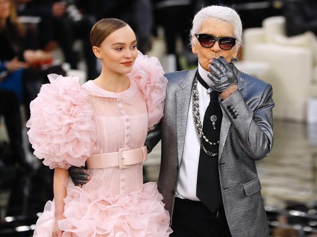 Karl Lagerfeld with Chanel muse Lily-Rose Melody Depp, the daughter of Johnny Depp and Vanessa Paradis. Picture: AFP