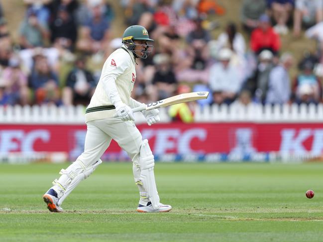 Usman Khawaja watches on after a defensive stroke on day one. Picture: Getty