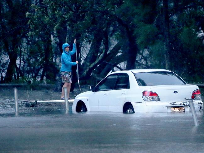 A person on a paddle board on a flooded Goodwin St, Narrabeen. Picture by Damian Shaw