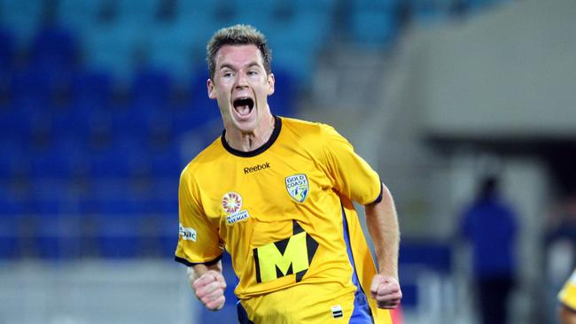 Shane Smeltz celebrates after scoring an A-League goal for Gold Coast United in 200.