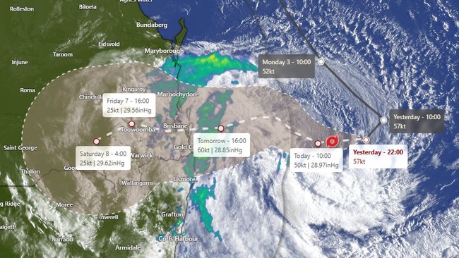 Cyclone Alfred's forecast path, with landfall expected 1am Friday.